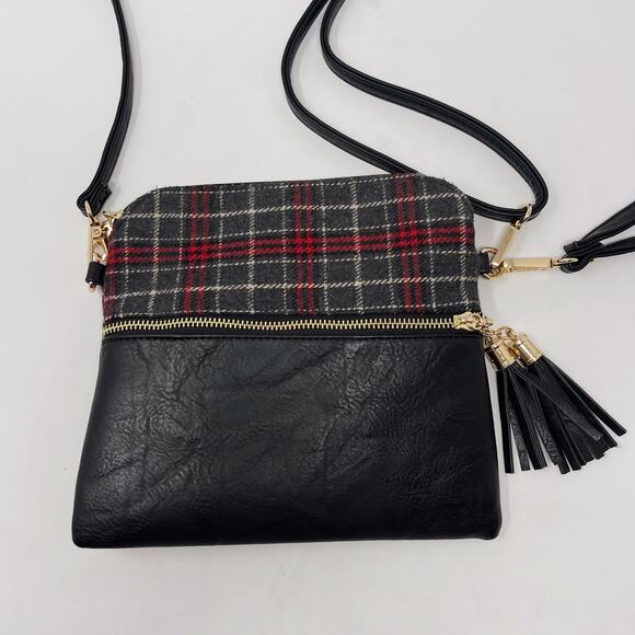 Jen & Co Black Gray Red Izzy Plaid Crossbody Bag Vegan Leather Zip Top Pockets - Picture 2 of 10